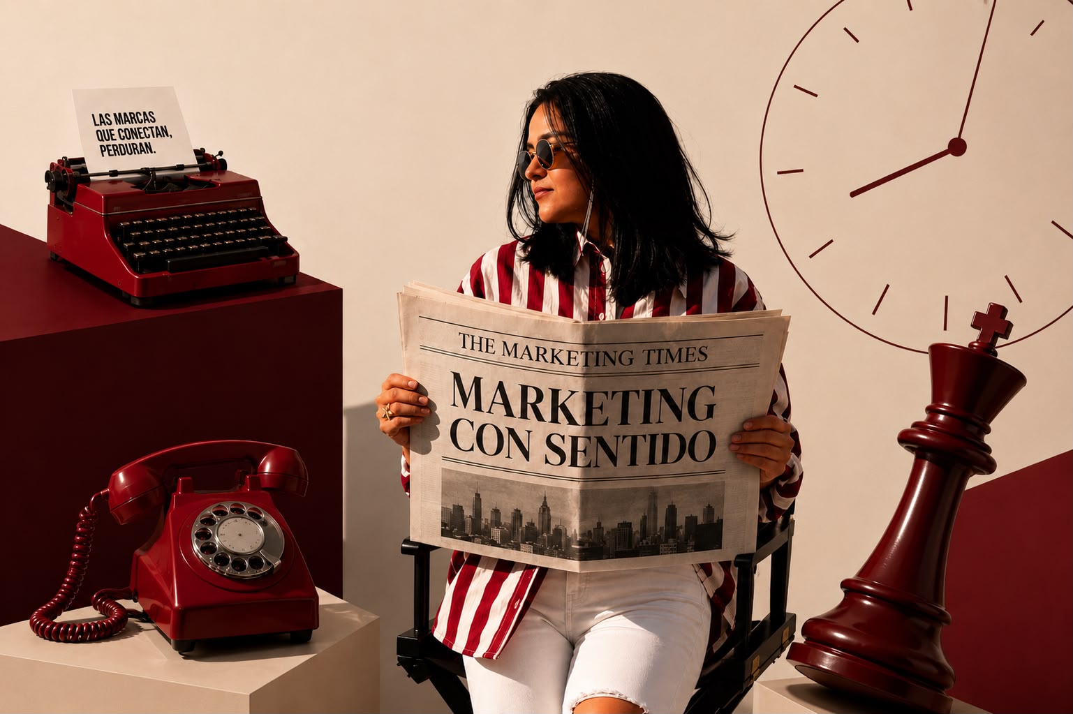 Gabriela Contreras sosteniendo un periódico que titula Marketing con Sentido
